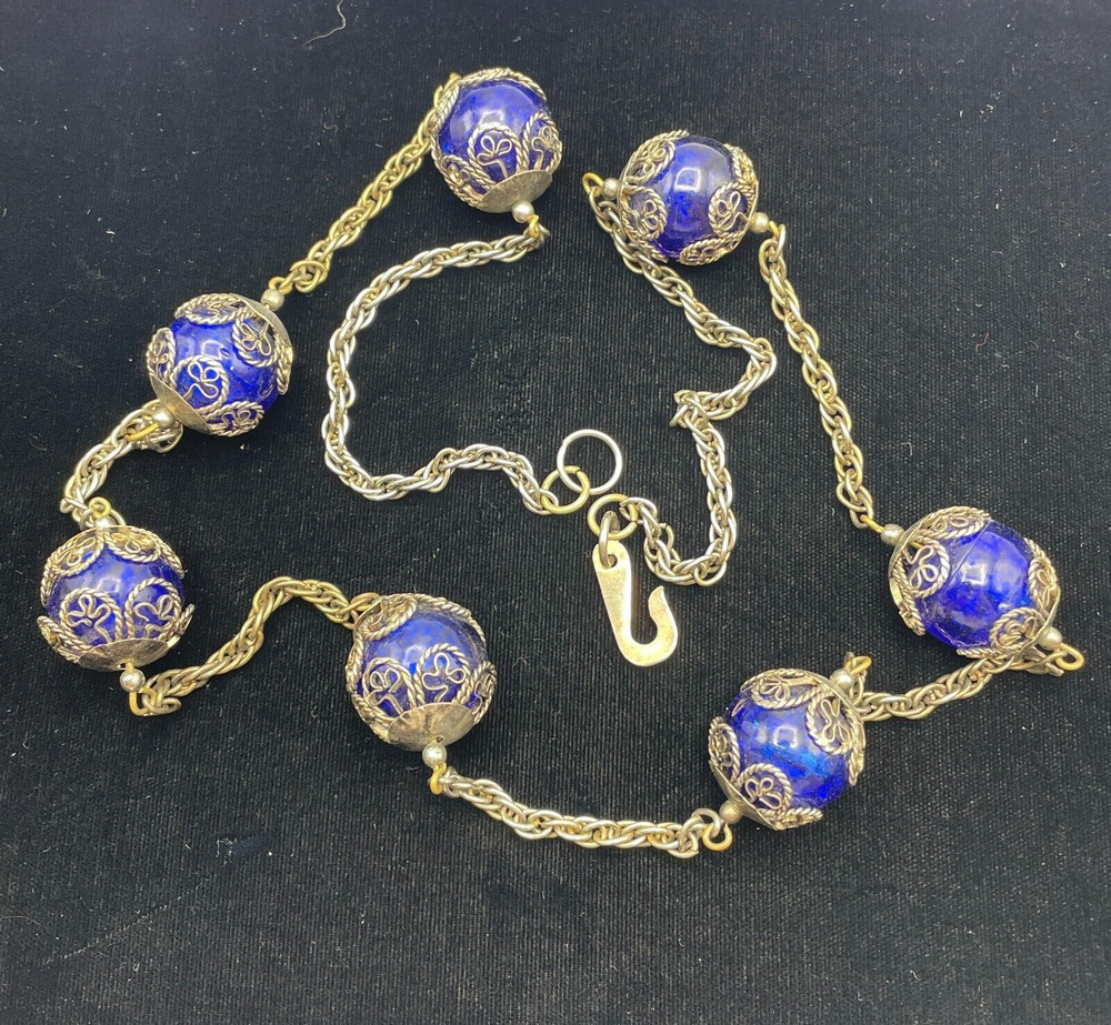 Cobalt Blue Glass Beaded 30" Necklace Handmade Caps Silver Tone Byzantine Chain